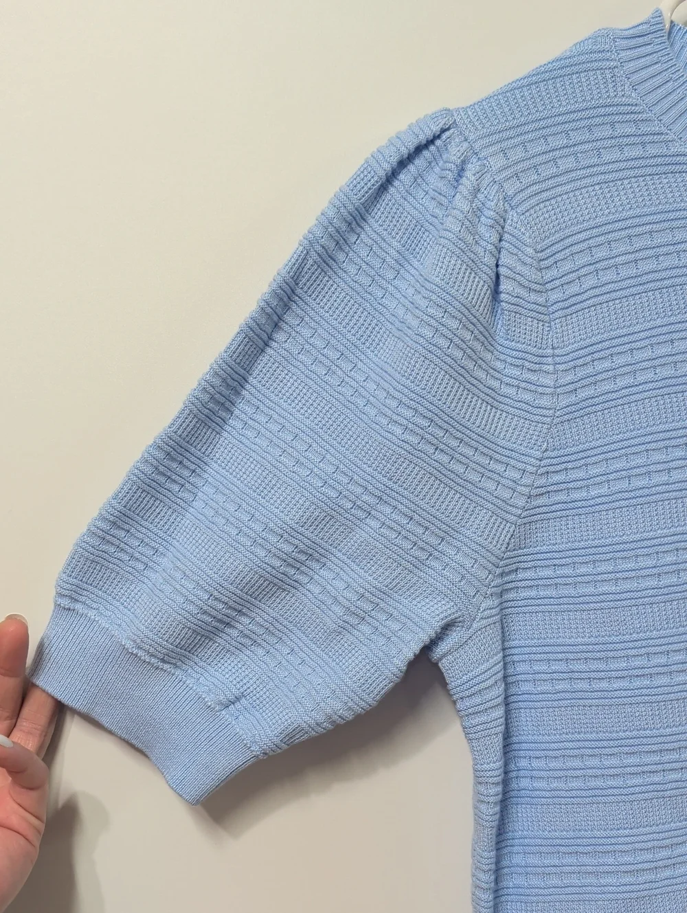 Free Assembly Polished Blue Puff Sleeve Knit Sweater Tee Size Small